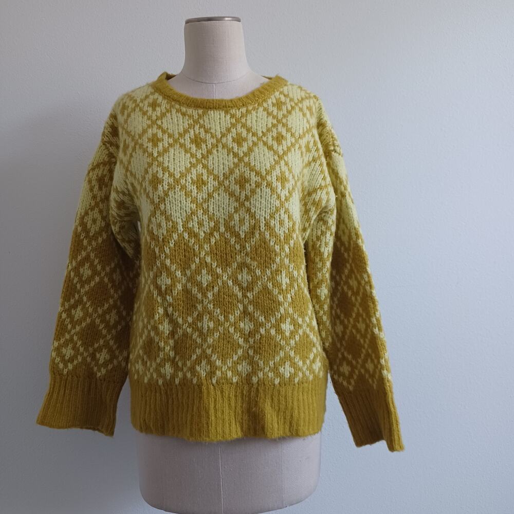 Anthropologie Maeve Sweater Women XS Yellow Plaid Crew Wool Blend Classic Preppy